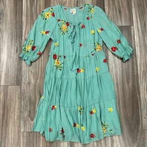 Fig and Flower Teal Dress with Red and Yellow Embroidery